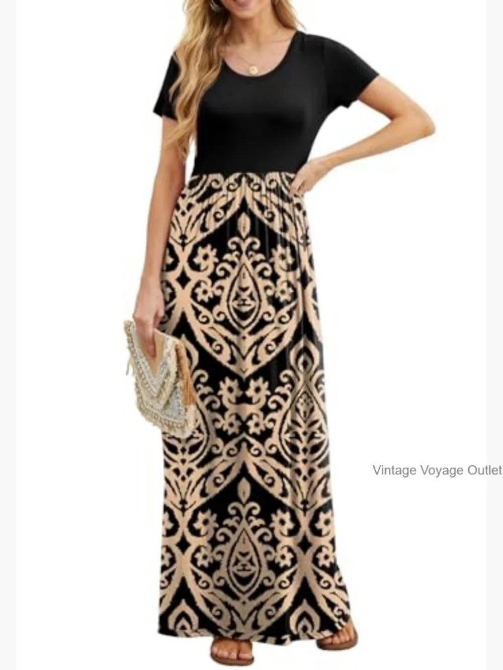 Women Summer Casual Maxi Long Dress Short Sleeve Crew Neck with Pockets - Picture 3 of 7